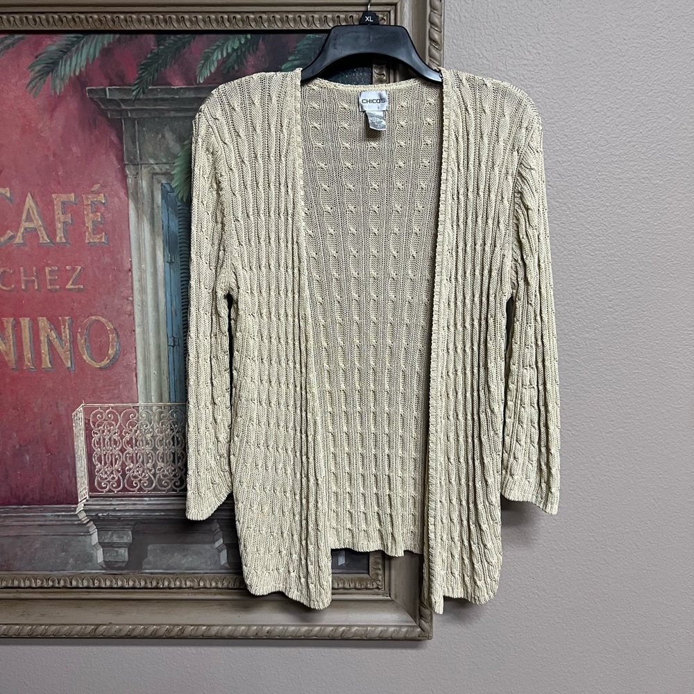 Chico’s Beige Open-Front Cable Knit Cardigan 3/4 Sleeves
